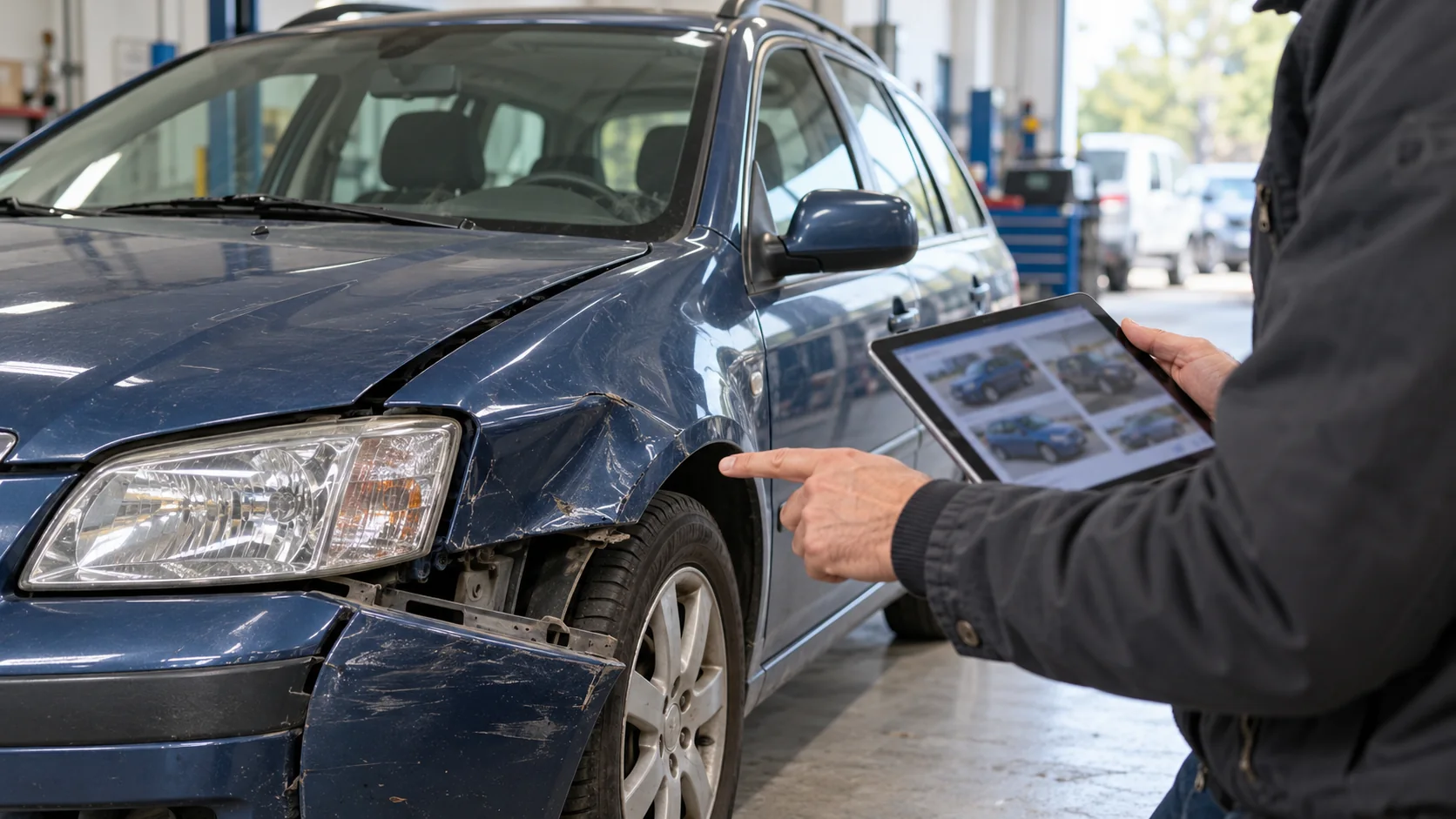 Esame di un’auto danneggiata con confronto di veicoli simili su un tablet