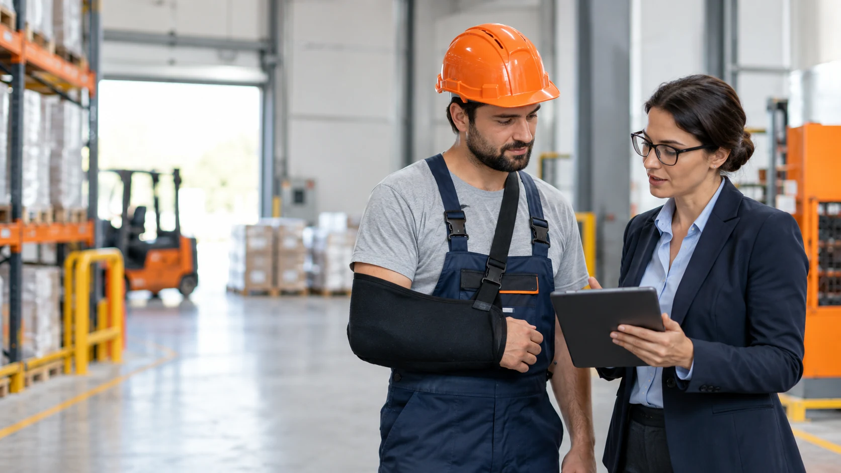 Lavoratore con un braccio immobilizzato e consulente esaminano la pratica di infortunio