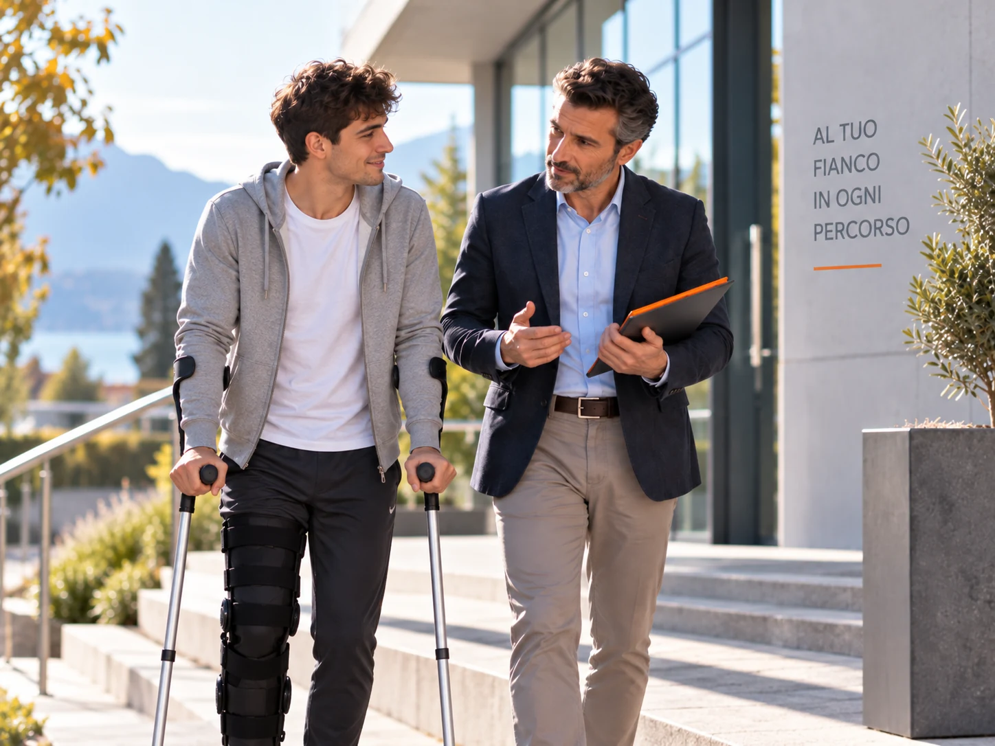 Persona con ausili per la mobilità accompagnata da un consulente